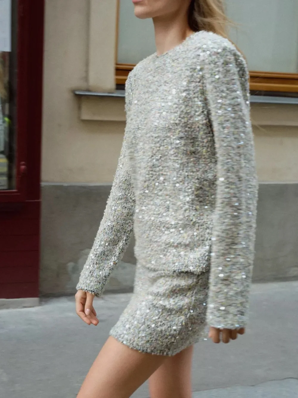Zara Tweed Metallic Silver-Blend Sweater and Skirt Set